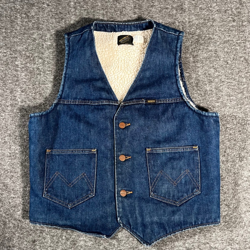 Vintage 70s Maverick Denim Vest Shearling Lined Western Blue USA Made Medium